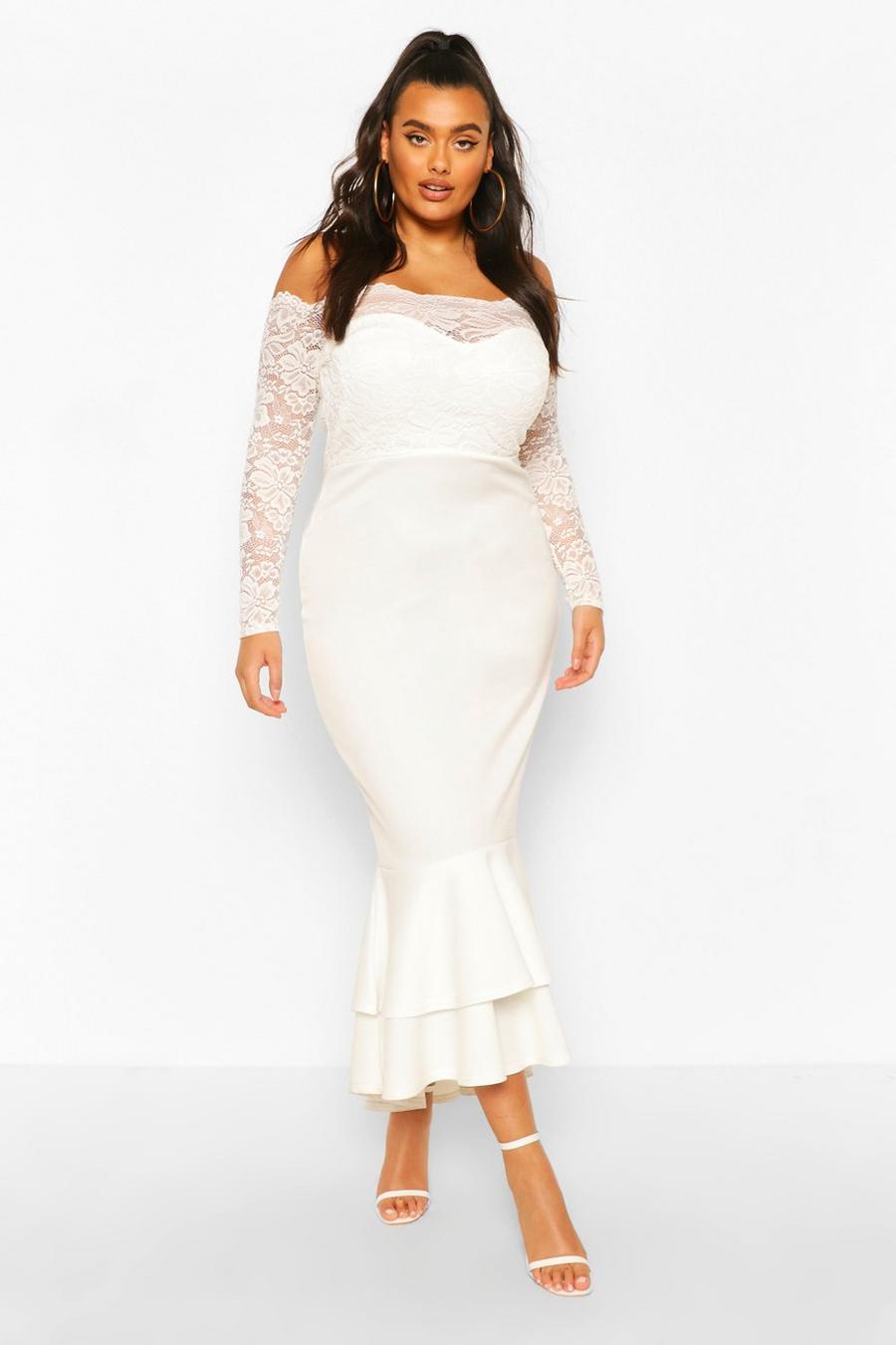 Ivory Plus Lace Bardot Fishtail Maxi Dress image number 1