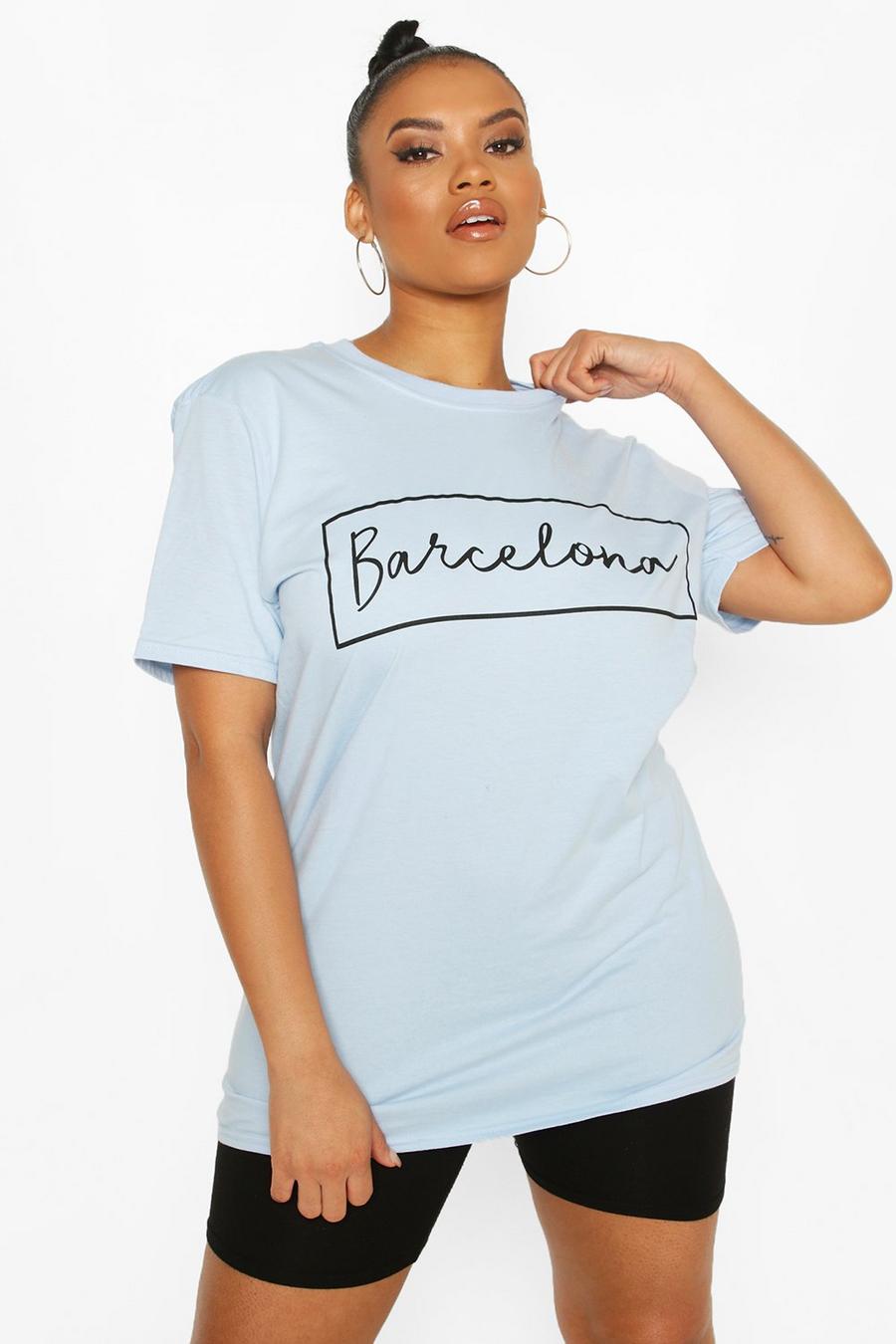 Plus Oversized T-Shirt mit Barcelona-Print, Pastellblau image number 1