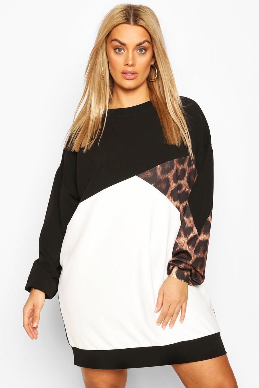 Plus - Sweatshirtklänning med blockfärger och leopardmönster image number 1