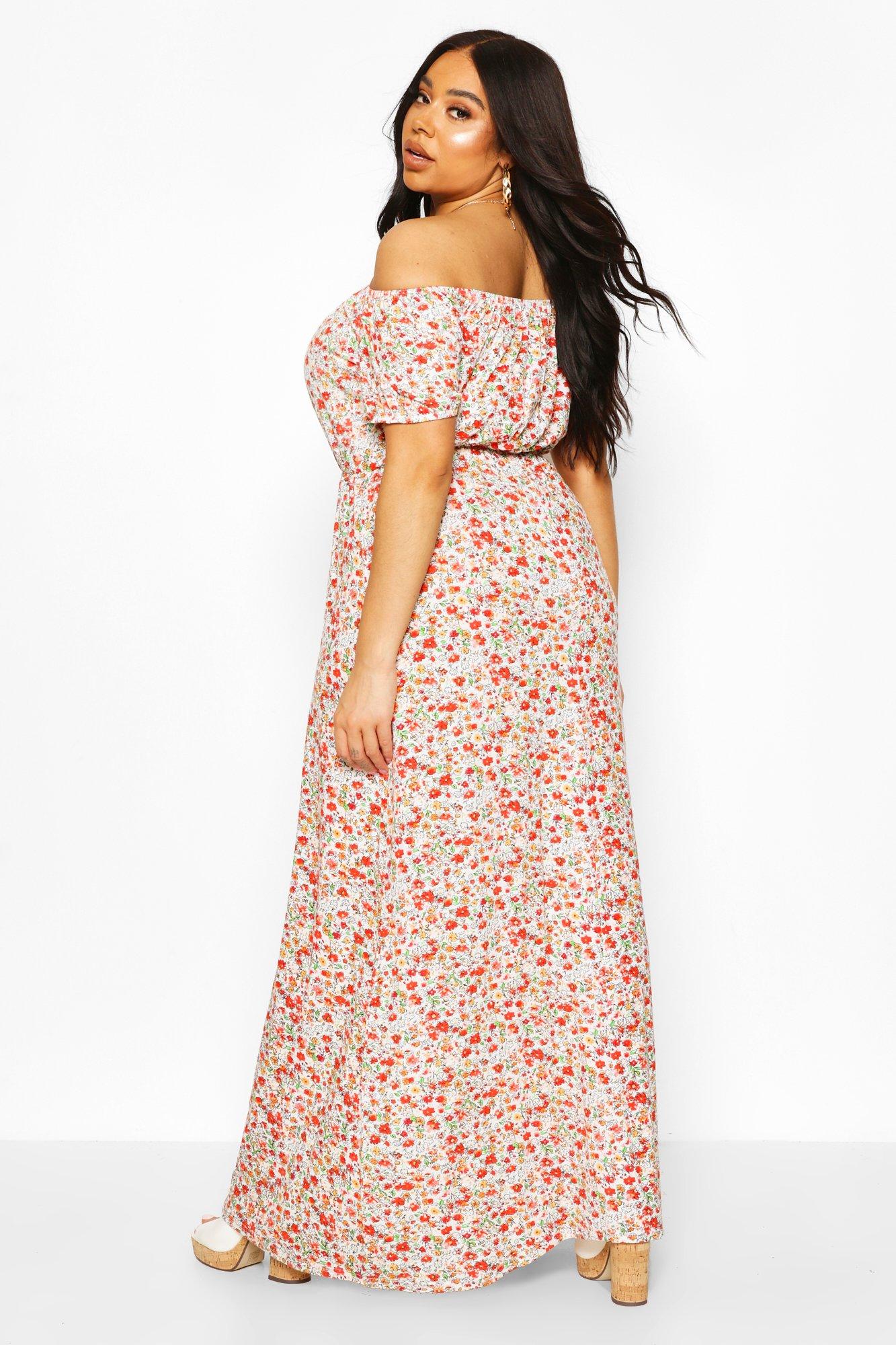 boohoo off the shoulder maxi dress