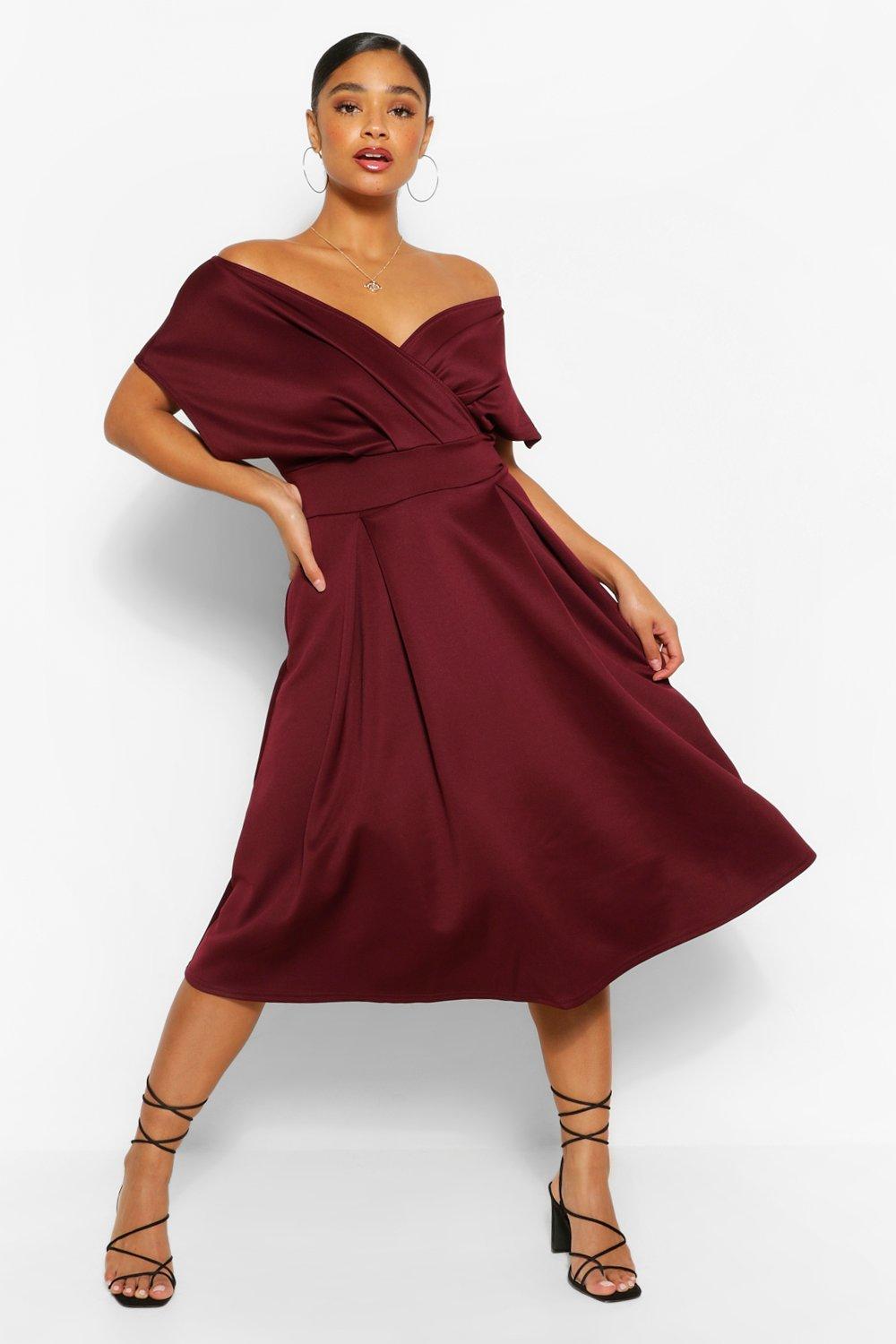 Boohoo off the cheap shoulder wrap midi dress