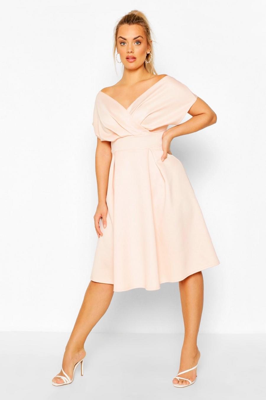 Vestito midi Plus Size a incrocio con spalle scoperte, Cipria rosa image number 1