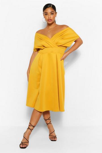 Mustard Yellow Plus Off The Shoulder Wrap Midi Dress