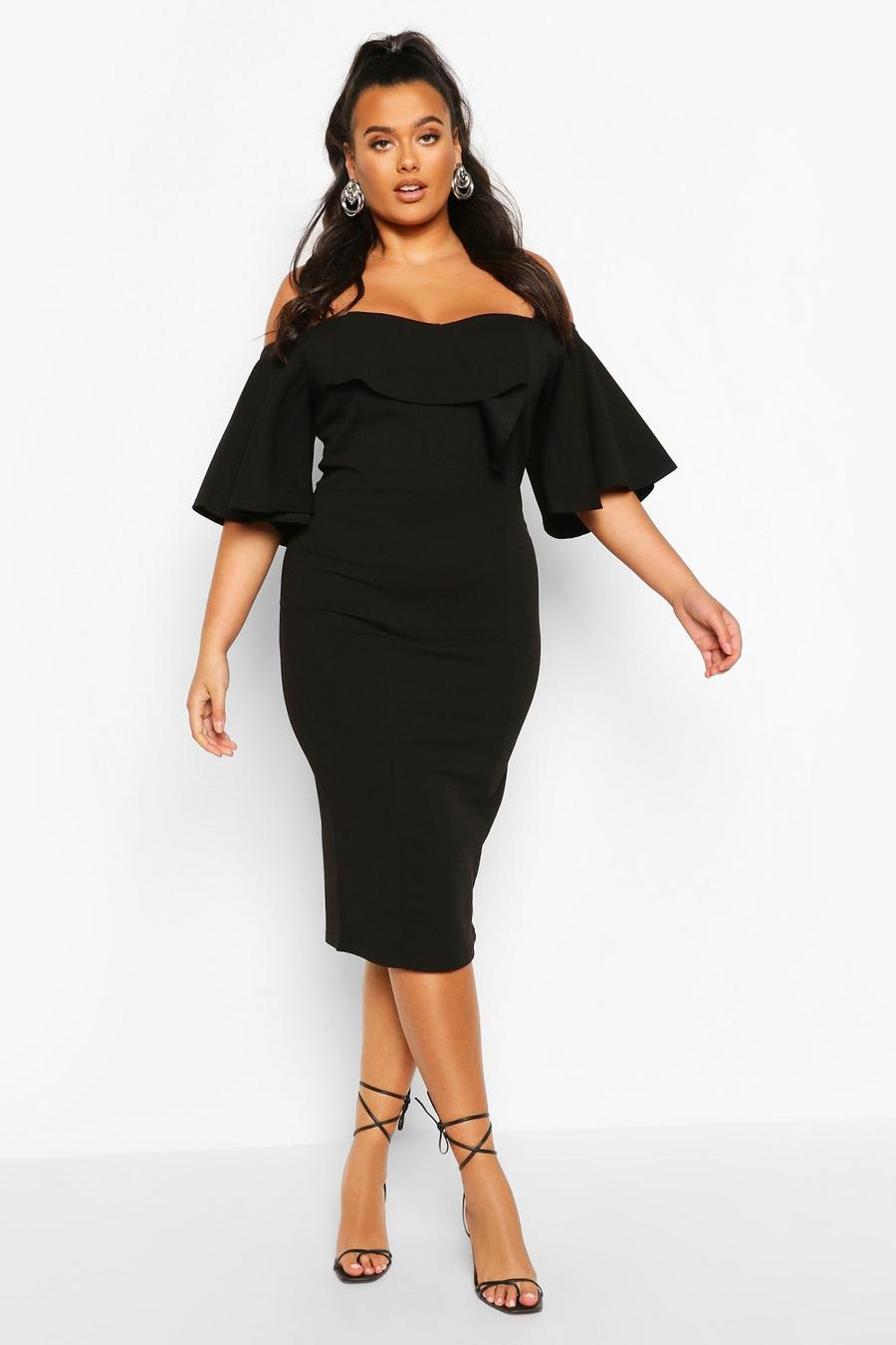 Black Plus - Midiklänning i bardotmodell med holkärm image number 1