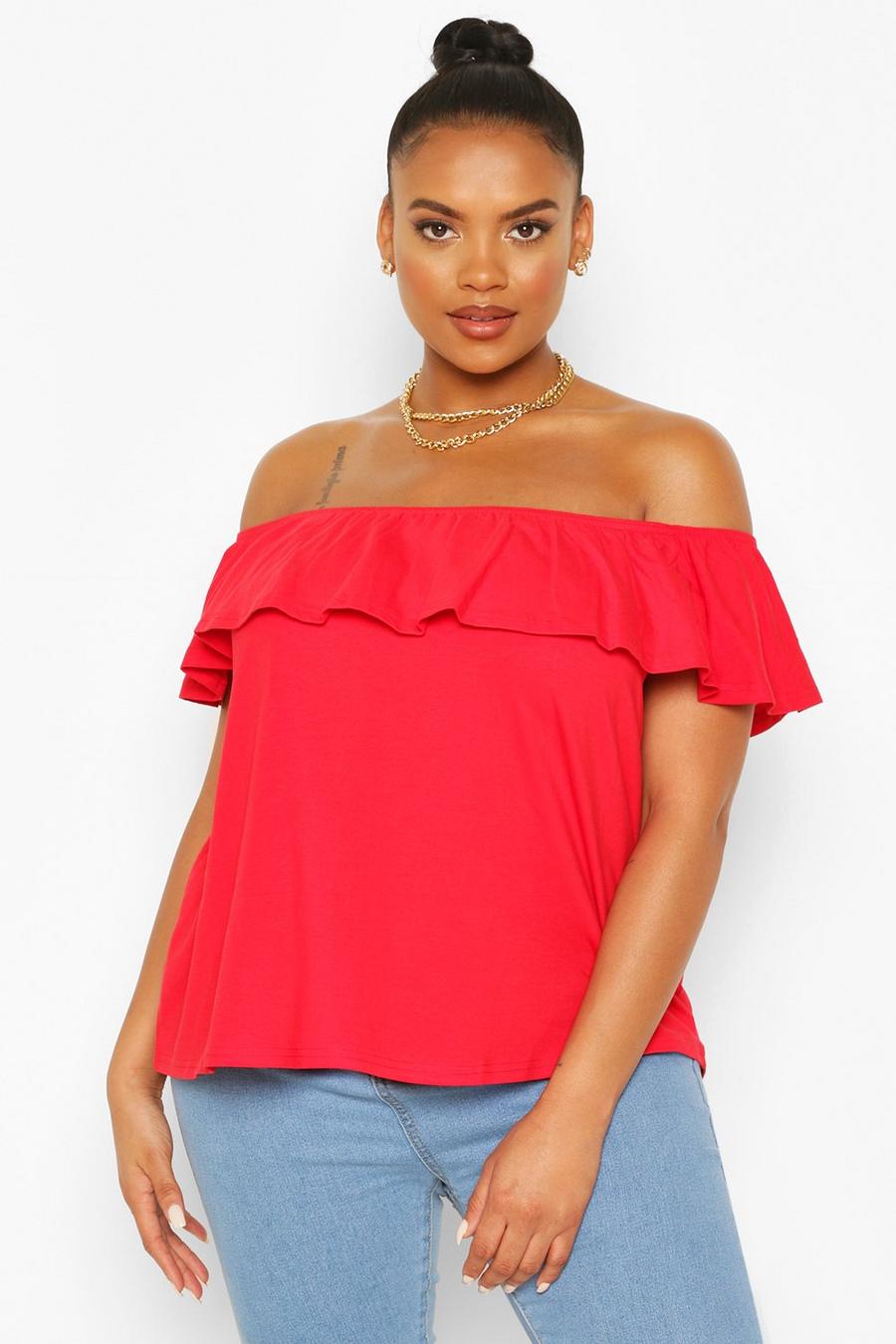 Red Plus Off The Shoulder Ruffle Top image number 1