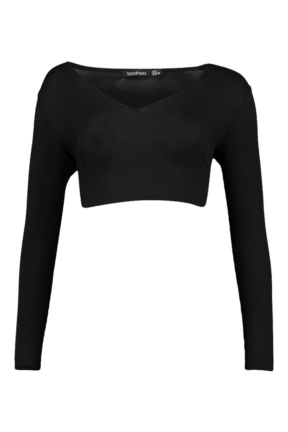 Petite Long Sleeve Tie Back Ribbed Top