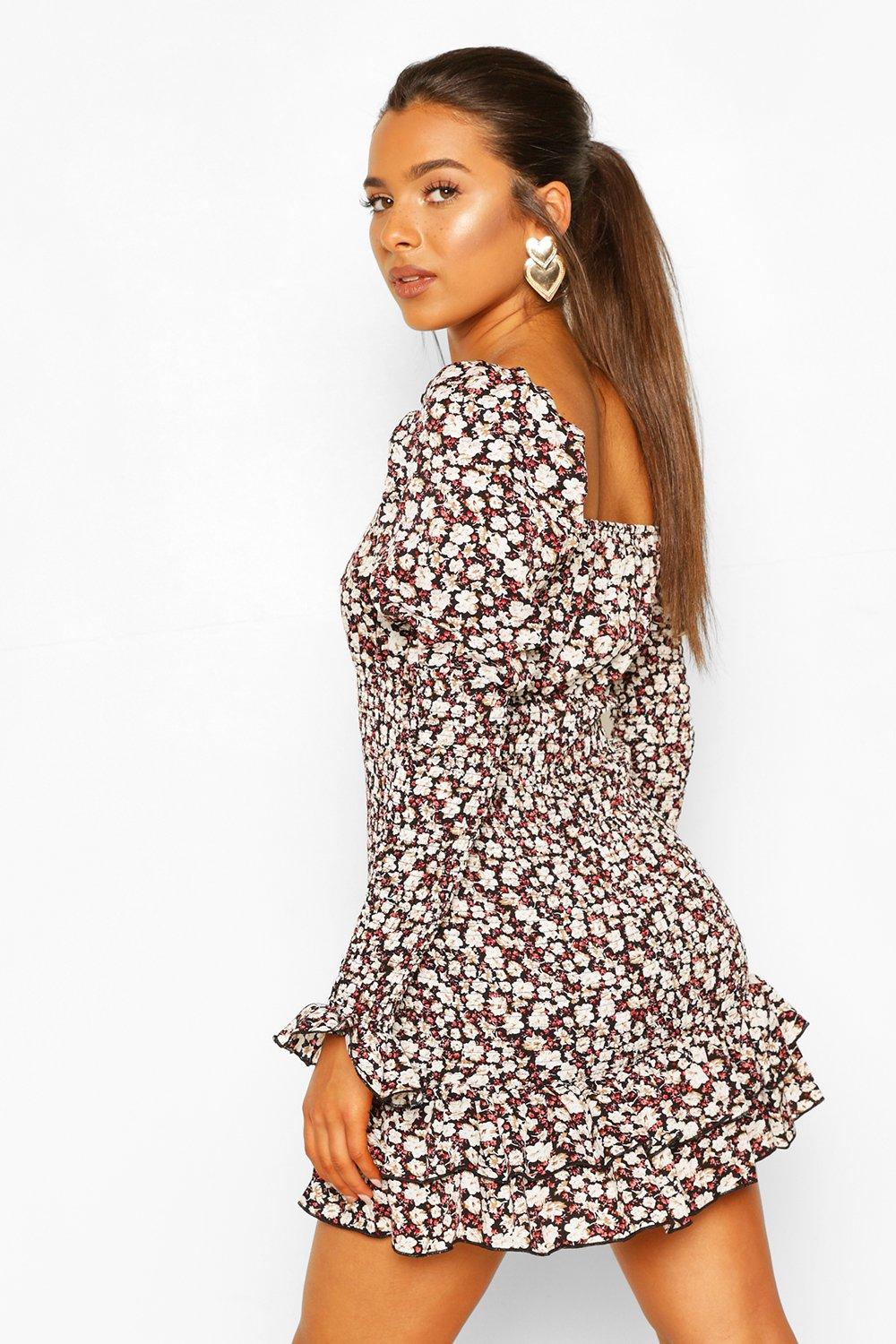 Petite Ditsy Floral Sheer Detail Ruffle Mini Dress