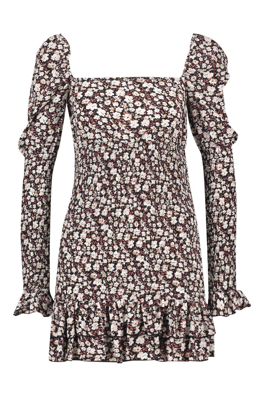 Petite Ditsy Floral Sheer Detail Ruffle Mini Dress