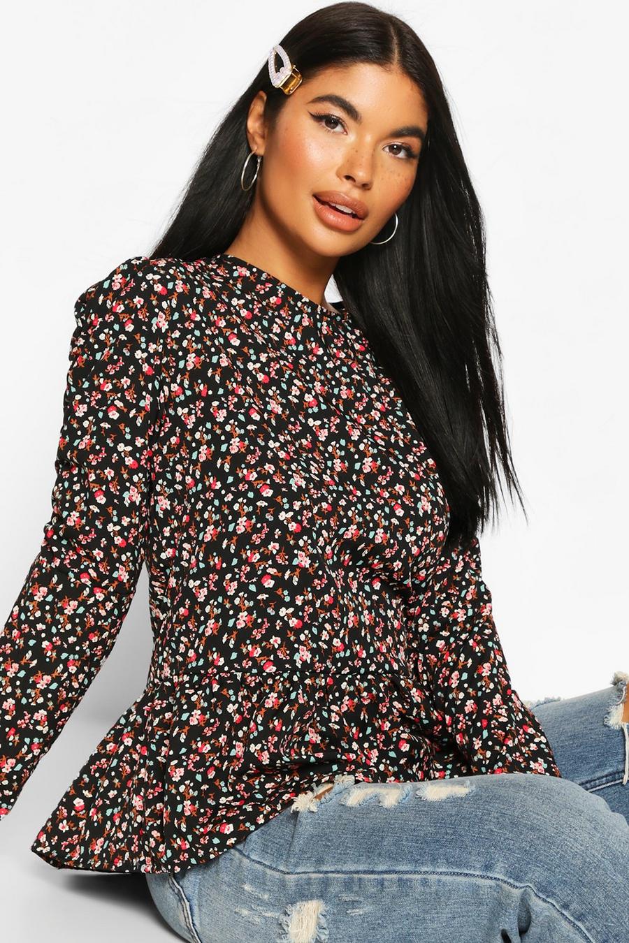 Petite Ditsy Floral Ruched Sleeve Frill Hem Top image number 1