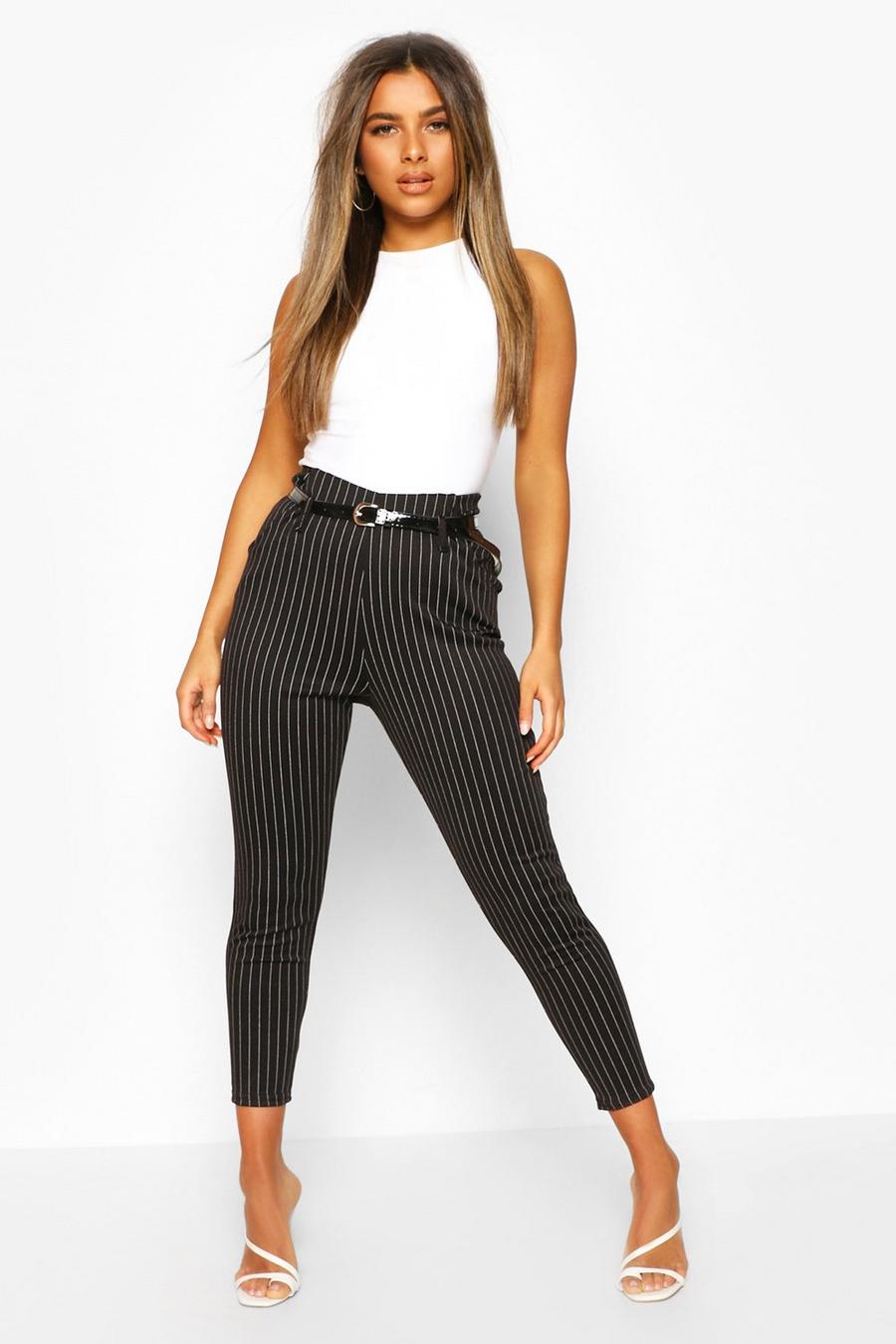 Black Petite Belted Pin Stripe Pants image number 1