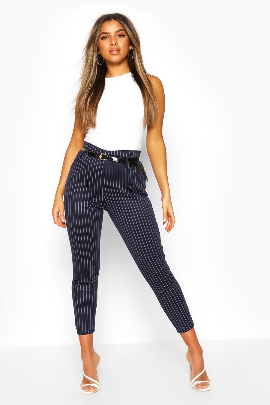 Navy Petite Belted Pin Stripe Trouser image number 1
