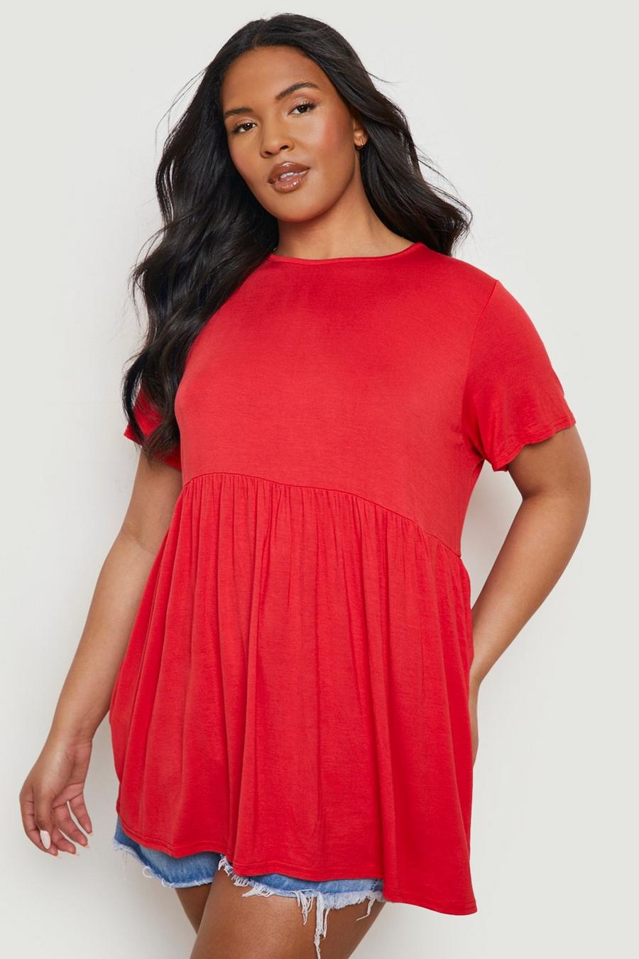 Red rosso Plus Crew Neck Cap Sleeve Smock Top image number 1