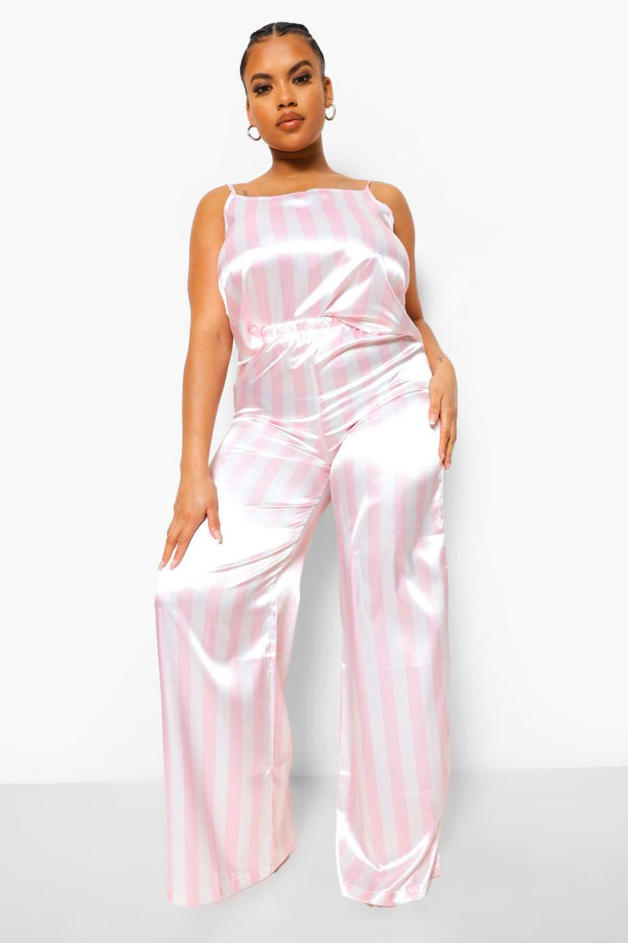Pink Plus - Randig satinpyjamas med linne image number 1