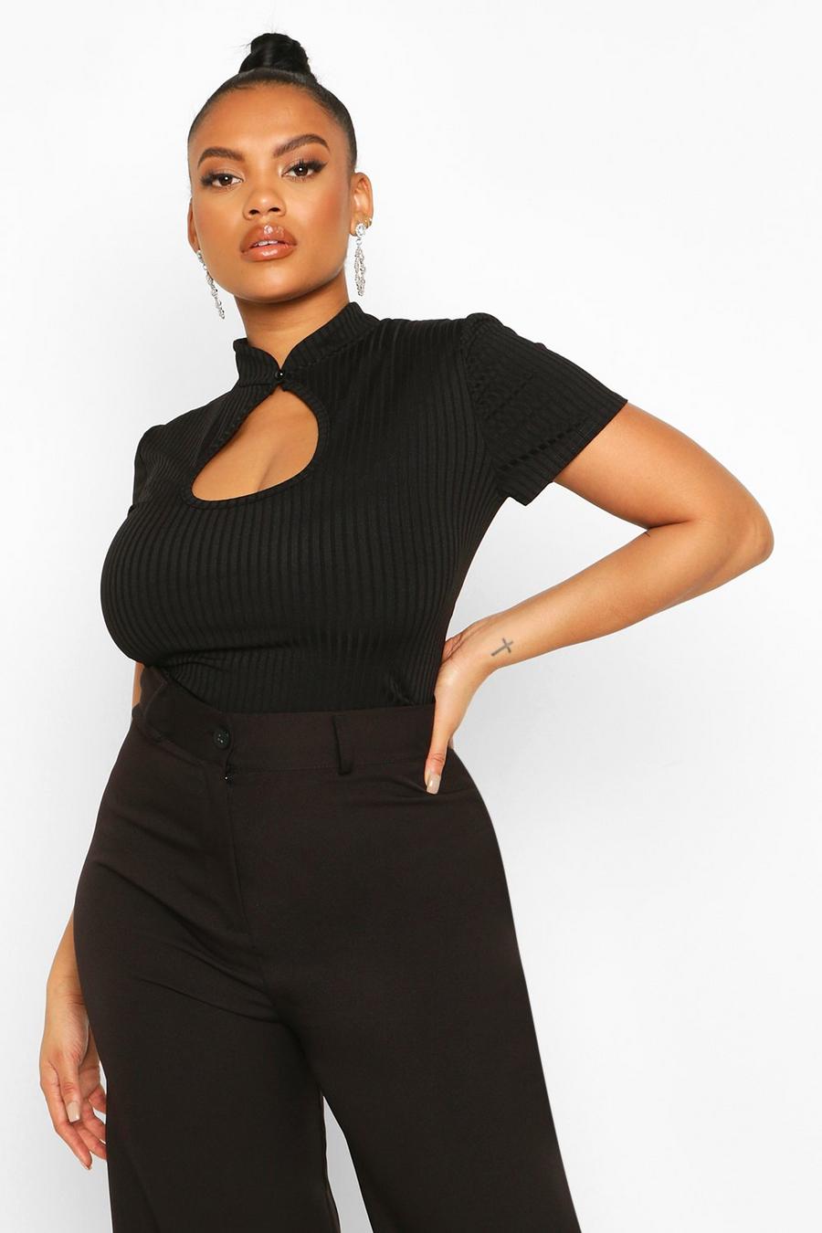 Black Plus Mandarin Collar Cut Out Fitted Top image number 1