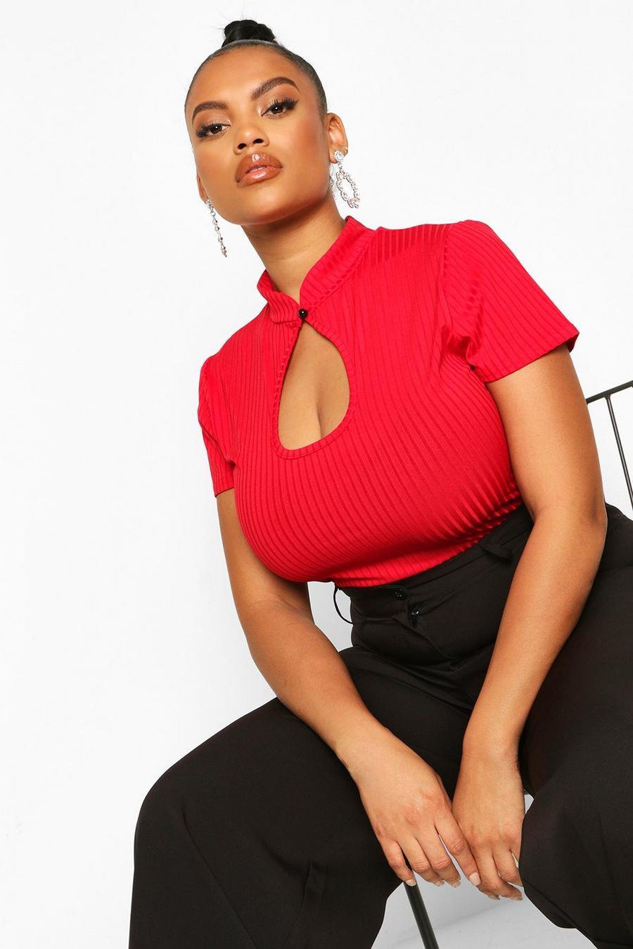 Red Plus Mandarin Collar Cut Out Fitted Top image number 1