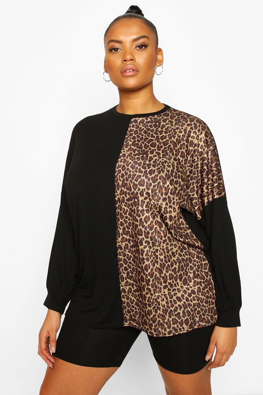 Camiseta Plus de manga larga con colores en bloque y estampado de leopardo, Negro image number 1