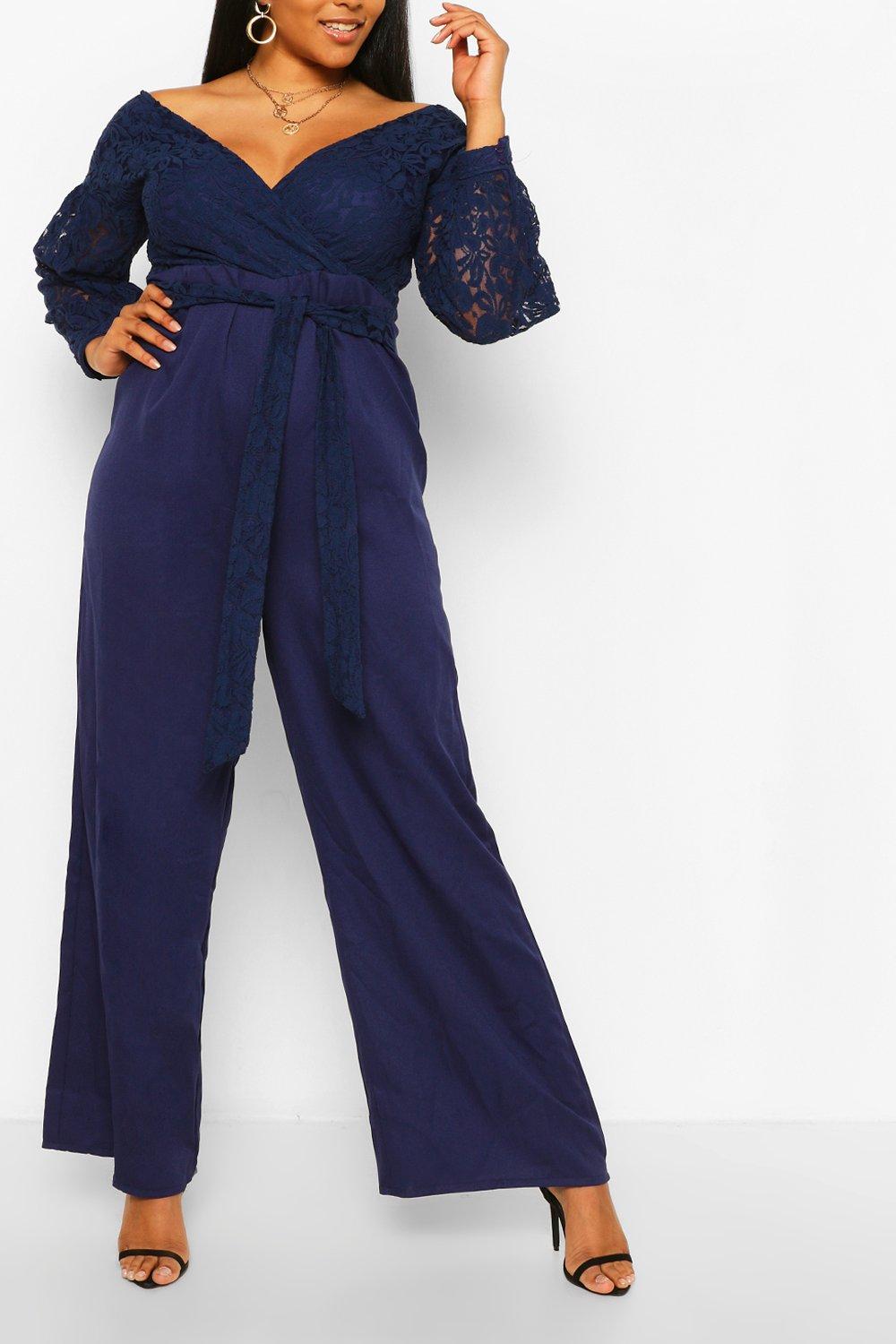 Plus Lace Off The Shoulder Wide Leg Jumpsuit boohoo UK