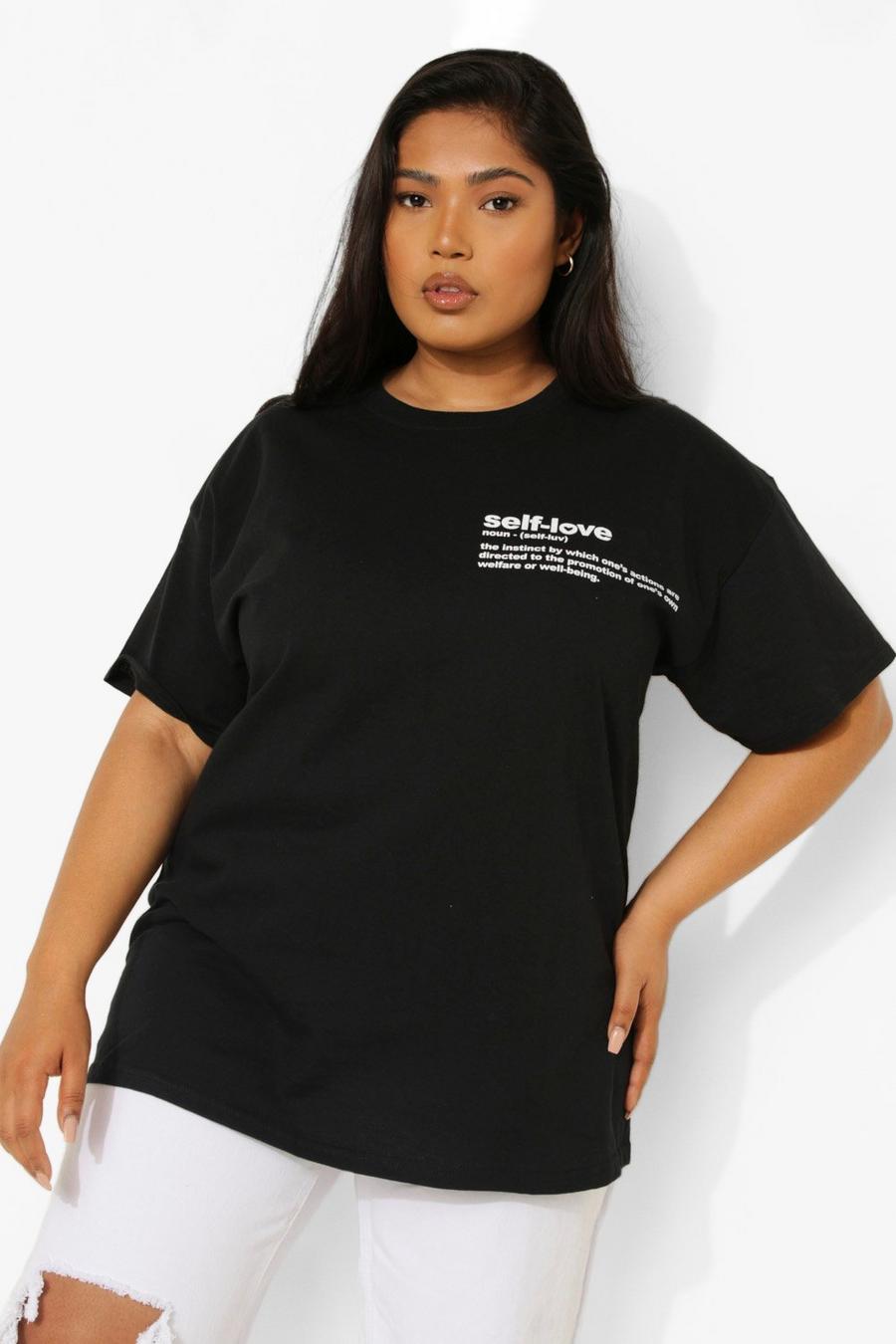 Plus T-Shirt mit „Self Love“-Slogan und Tasche, Schwarz black