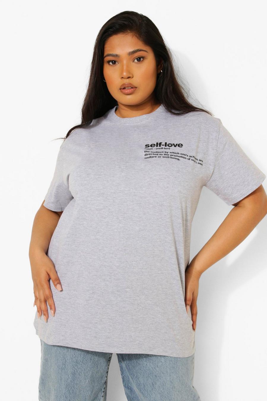 Plus T-Shirt mit „Self Love“-Slogan und Tasche, Grau meliert image number 1