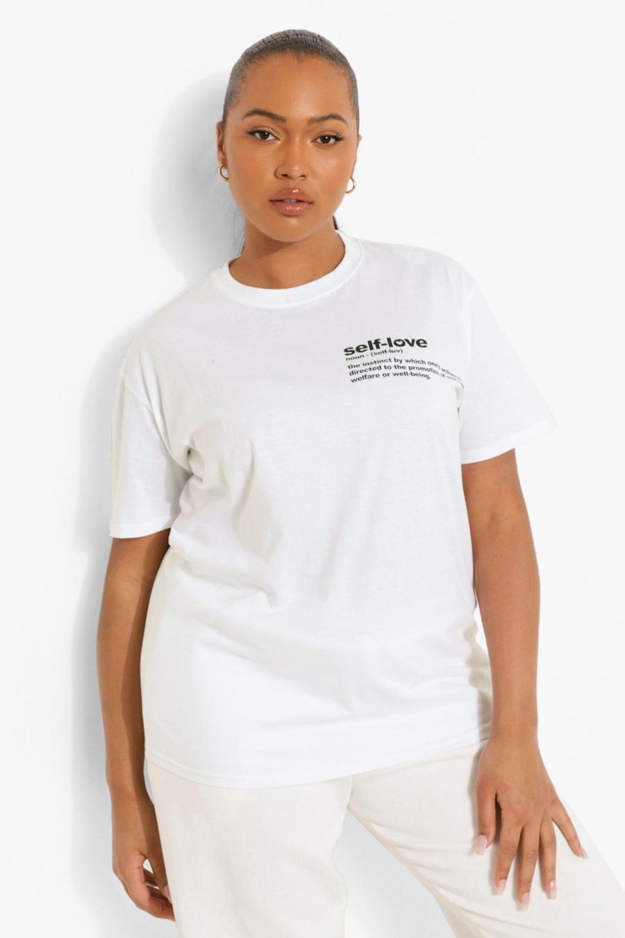 T-shirt Plus Size con slogan Self Love stampato ad altezza taschino, Bianco blanco