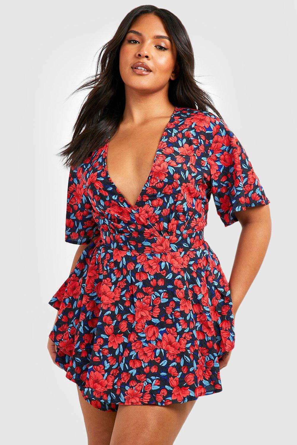 Plus Floral Wrap Skort Romper