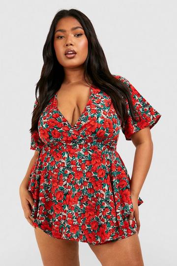 Plus Floral Wrap Skort Playsuit red