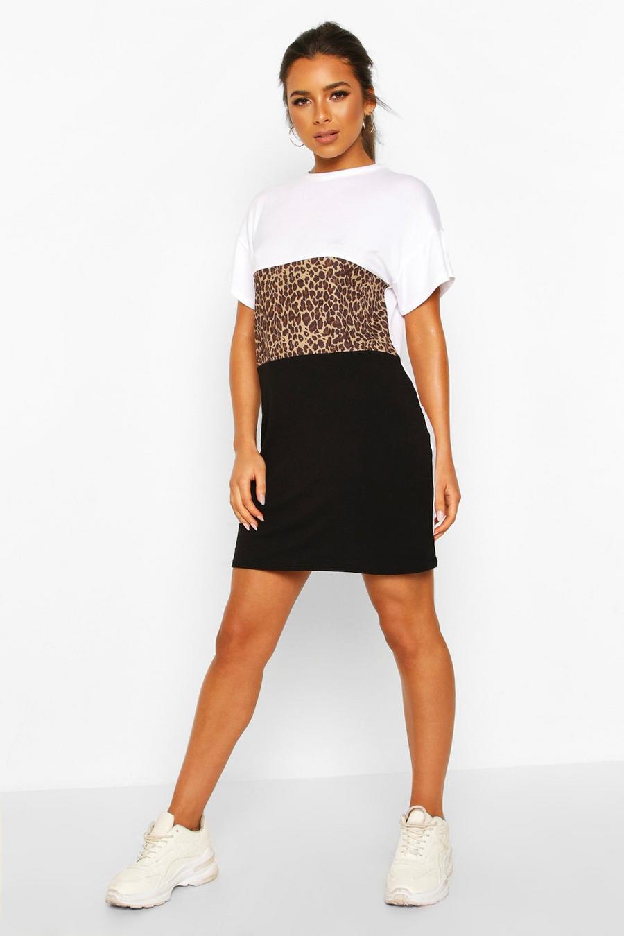 Petite - T-shirtklänning med kontrastpaneler och leopardmönster image number 1