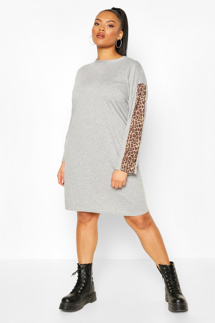 Grey Plus Leopard Stripe Long Sleeve Dress image number 1