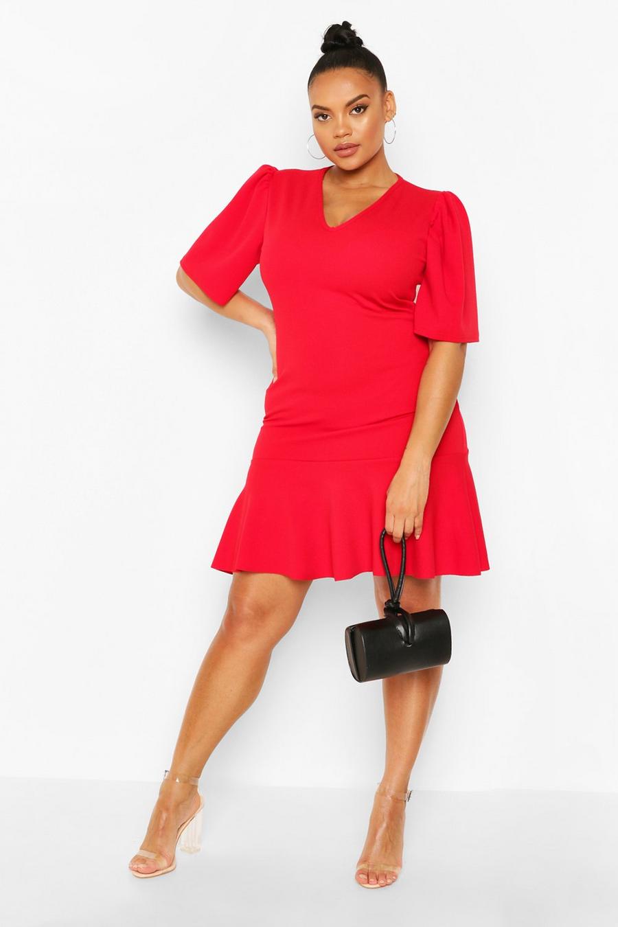 Red Plus Puff Sleeve Ruffle Shift Dress image number 1