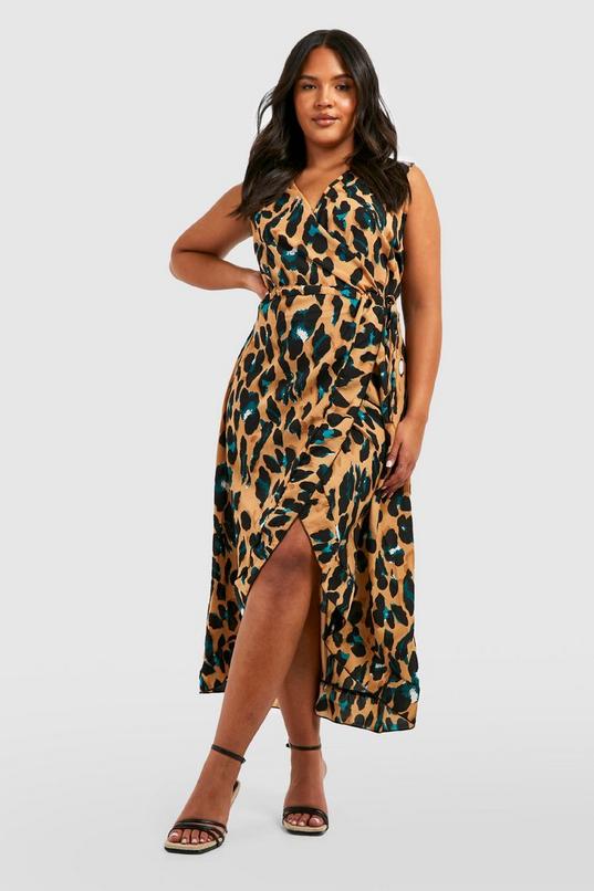 Women's Plus Wrap Leopard Ruffle Midi Dress | Boohoo UK