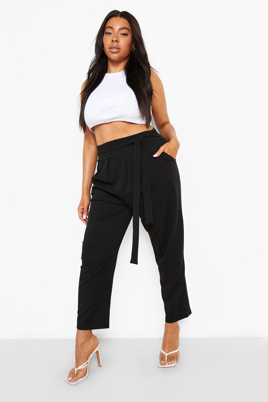 Black Plus High Waisted Pleated Belted Wide Leg Trousers image number 1