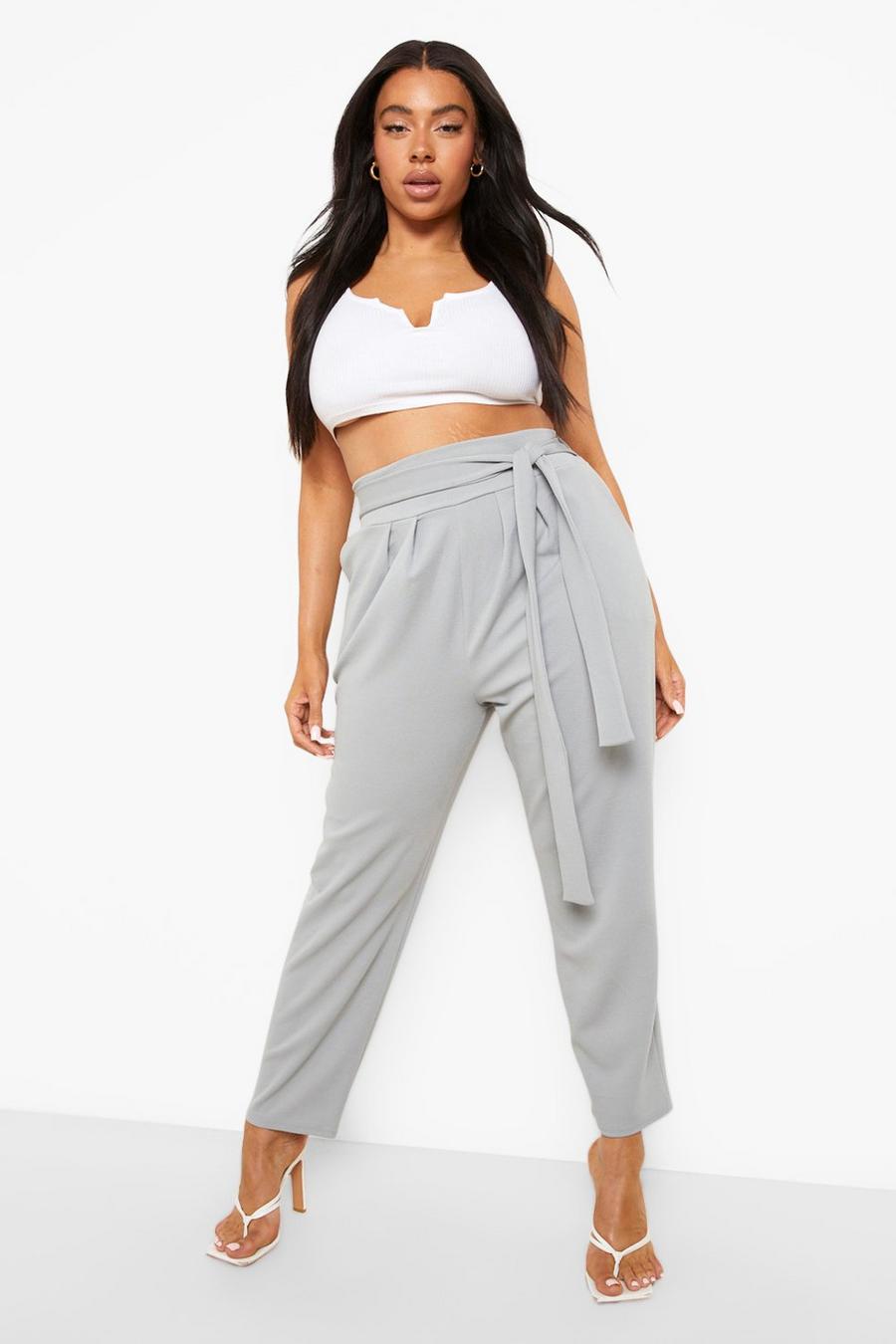 Grey Plus High Waisted Pleated Belted Wide Leg Pants image number 1