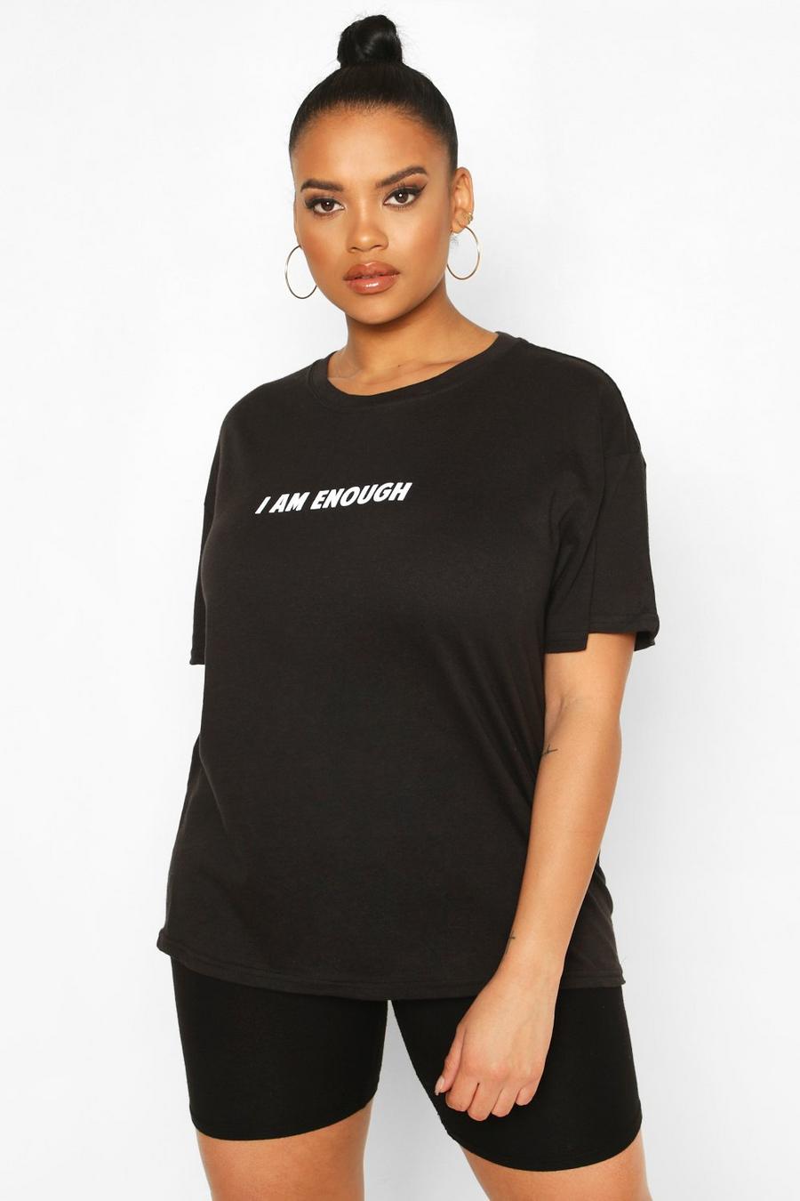 Plus T-Shirt mit „I Am Enough“-Slogan, Schwarz image number 1