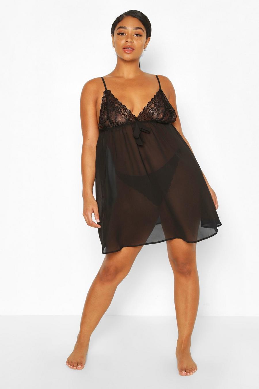 Black Plus Lace + Bow Babydoll image number 1