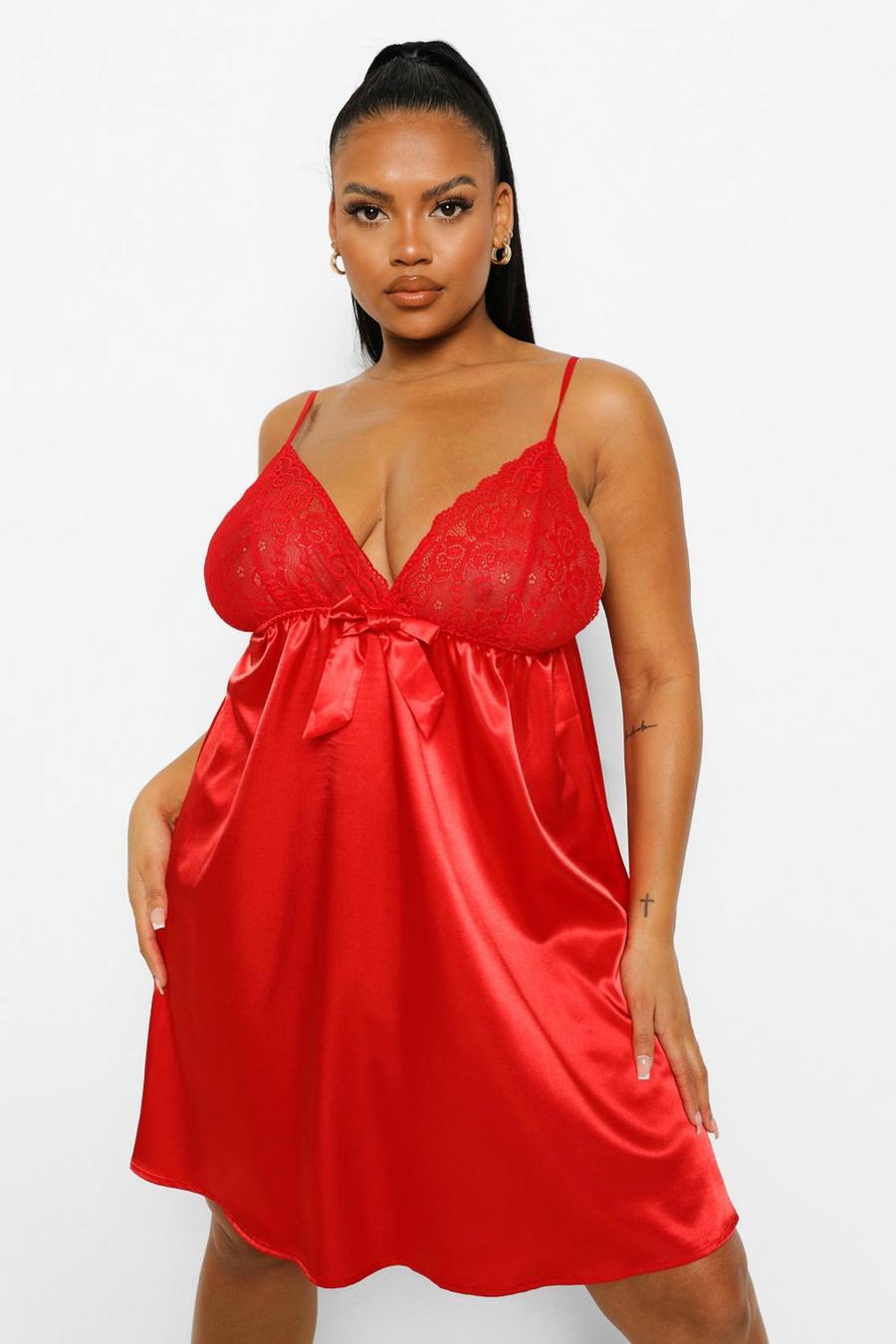 Plus Babydoll aus Satin & Spitze, Red image number 1