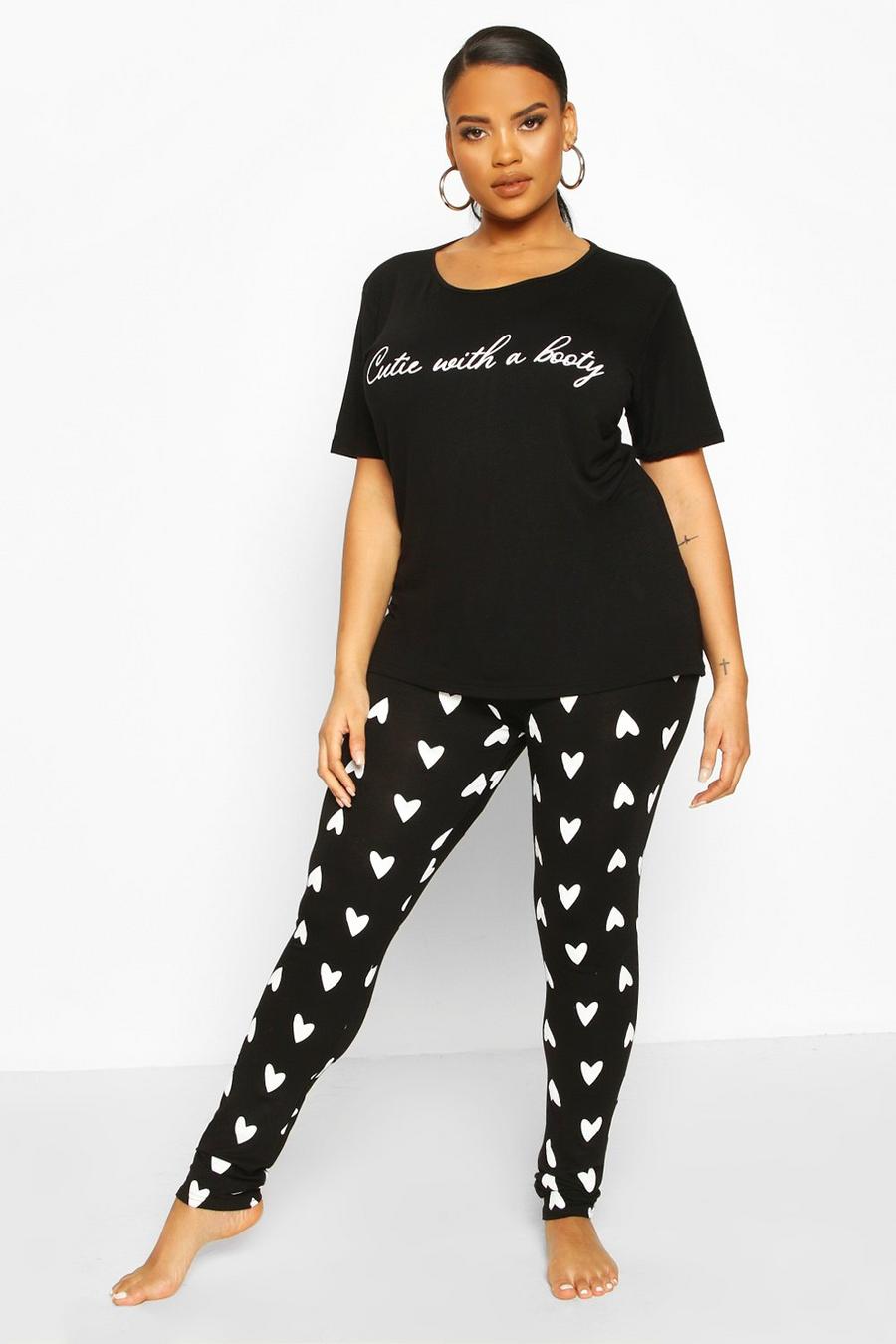 Set pigiama Plus Size con top con slogan 'Cutie With A Booty' & pantaloni con stampa di cuori, Nero image number 1