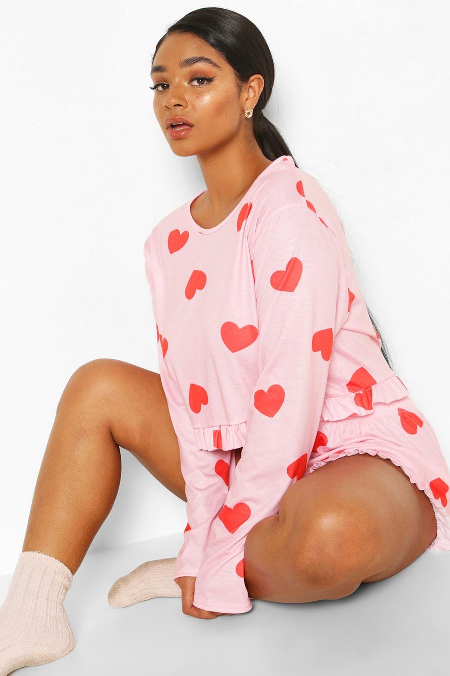 Plus Rüschen Pyjama-Set mit Herzen, Rosa pink