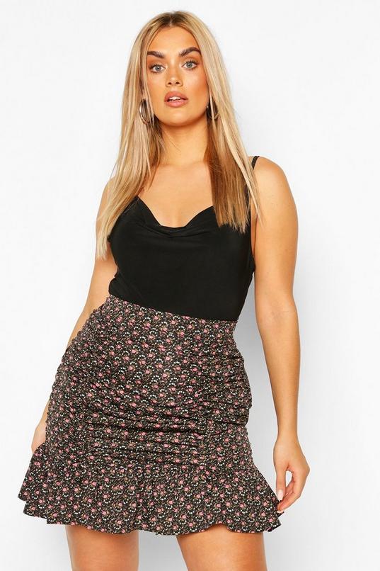 Plus Ditsy Floral Ruched Ruffle Mini Skirt | boohoo