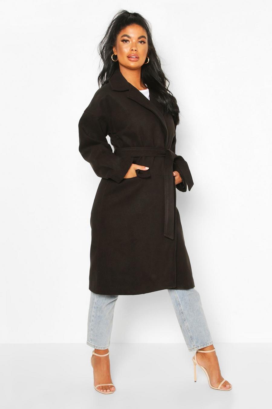 Black Petite Wool Look Belted Wrap Coat image number 1