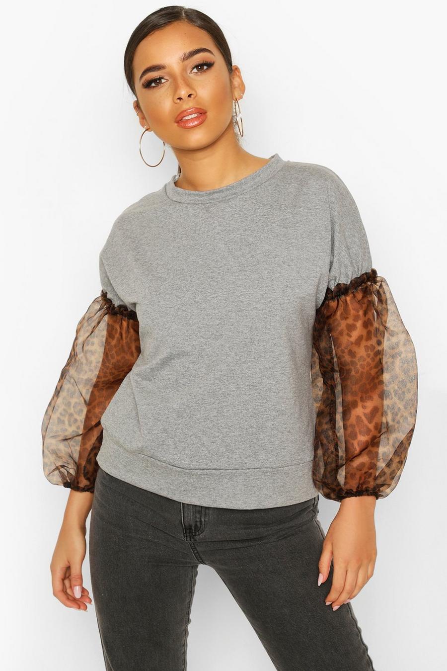 Petite Luipaardprint Sweater Met Organza Mouwen image number 1
