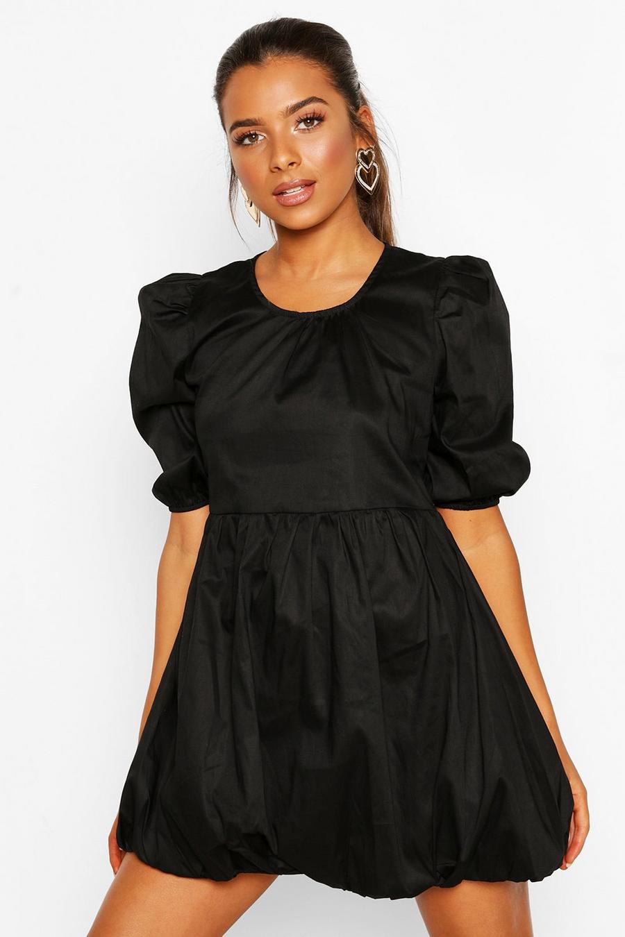 Black Petite Volume Sleeve Cotton Poplin Puff Ball Dress image number 1