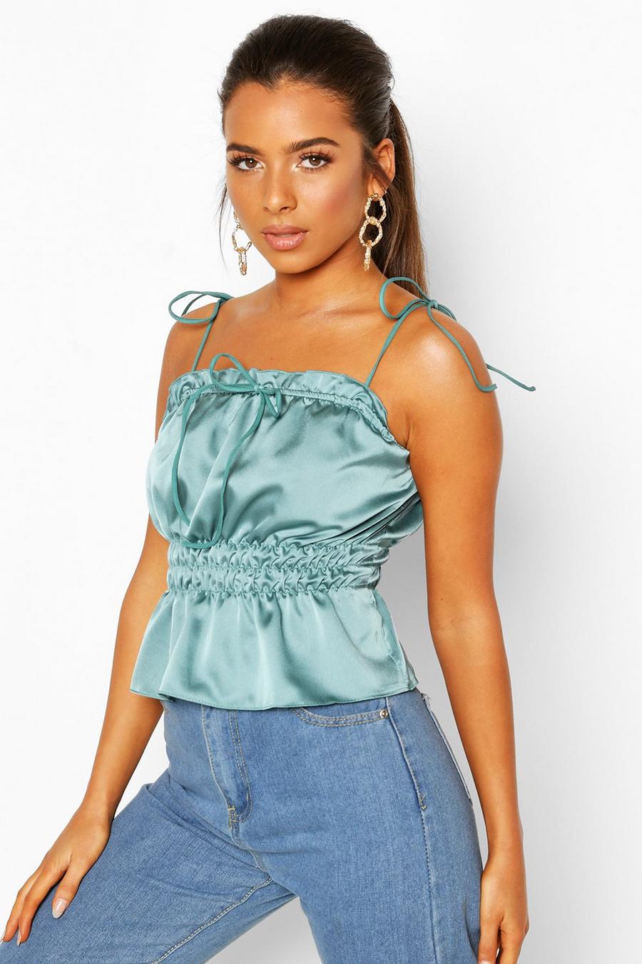 Turquoise Petite Ruched Waist Satin Top image number 1