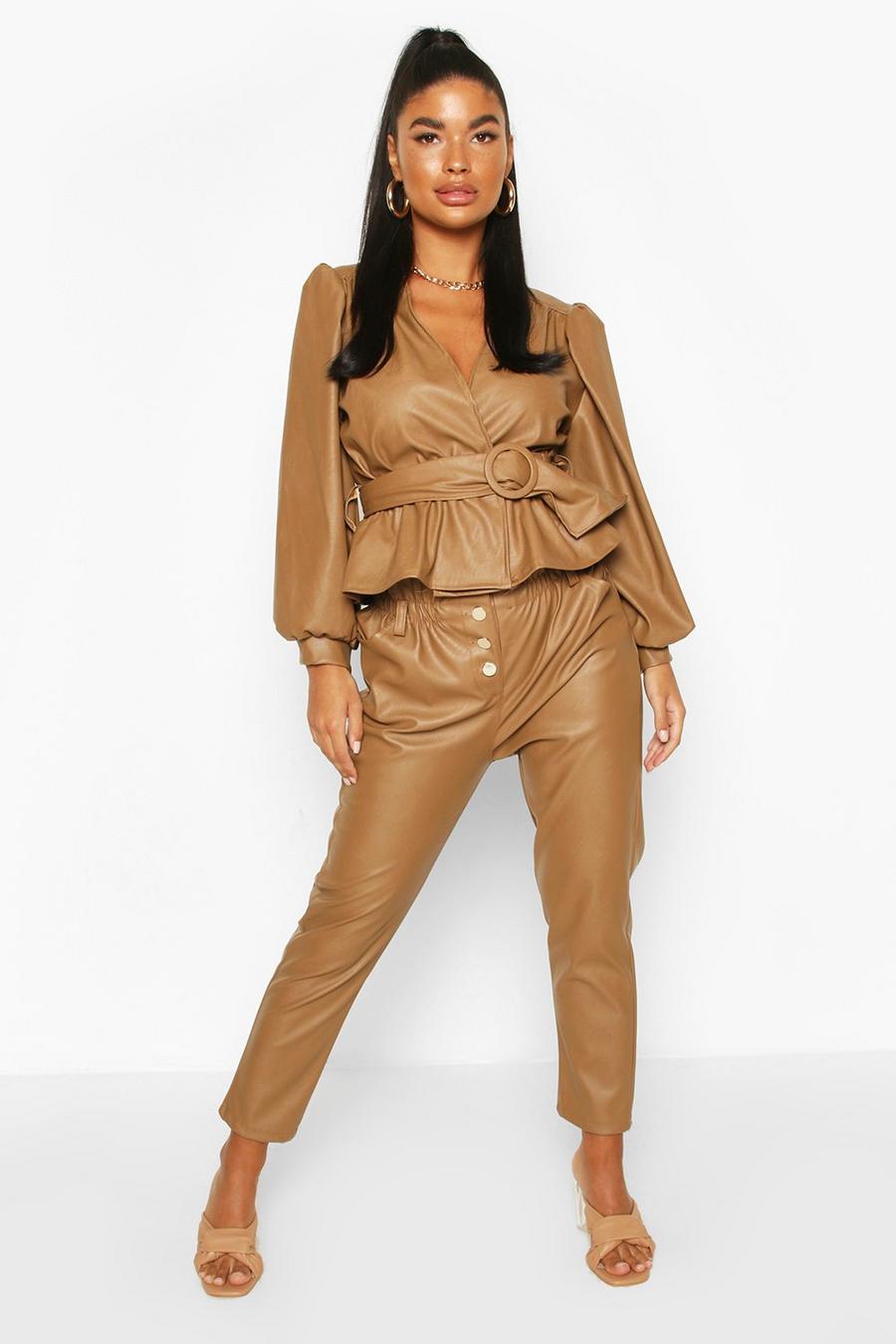 Tan Petite Tapered Faux Leather Pants image number 1