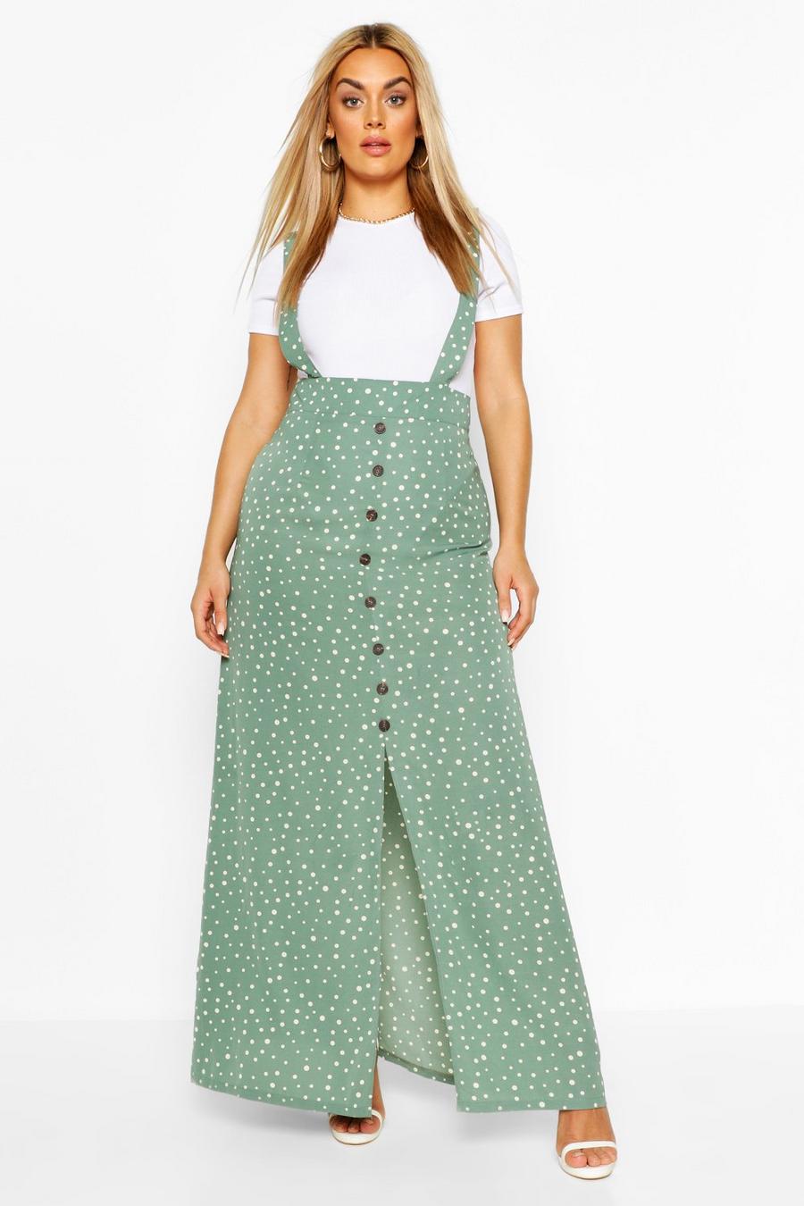 Sage green Plus Polka Dot Pinafore Maxi Skirt