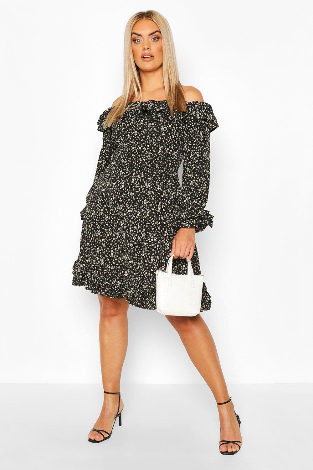 Plus bardot best sale ruffle skater dress