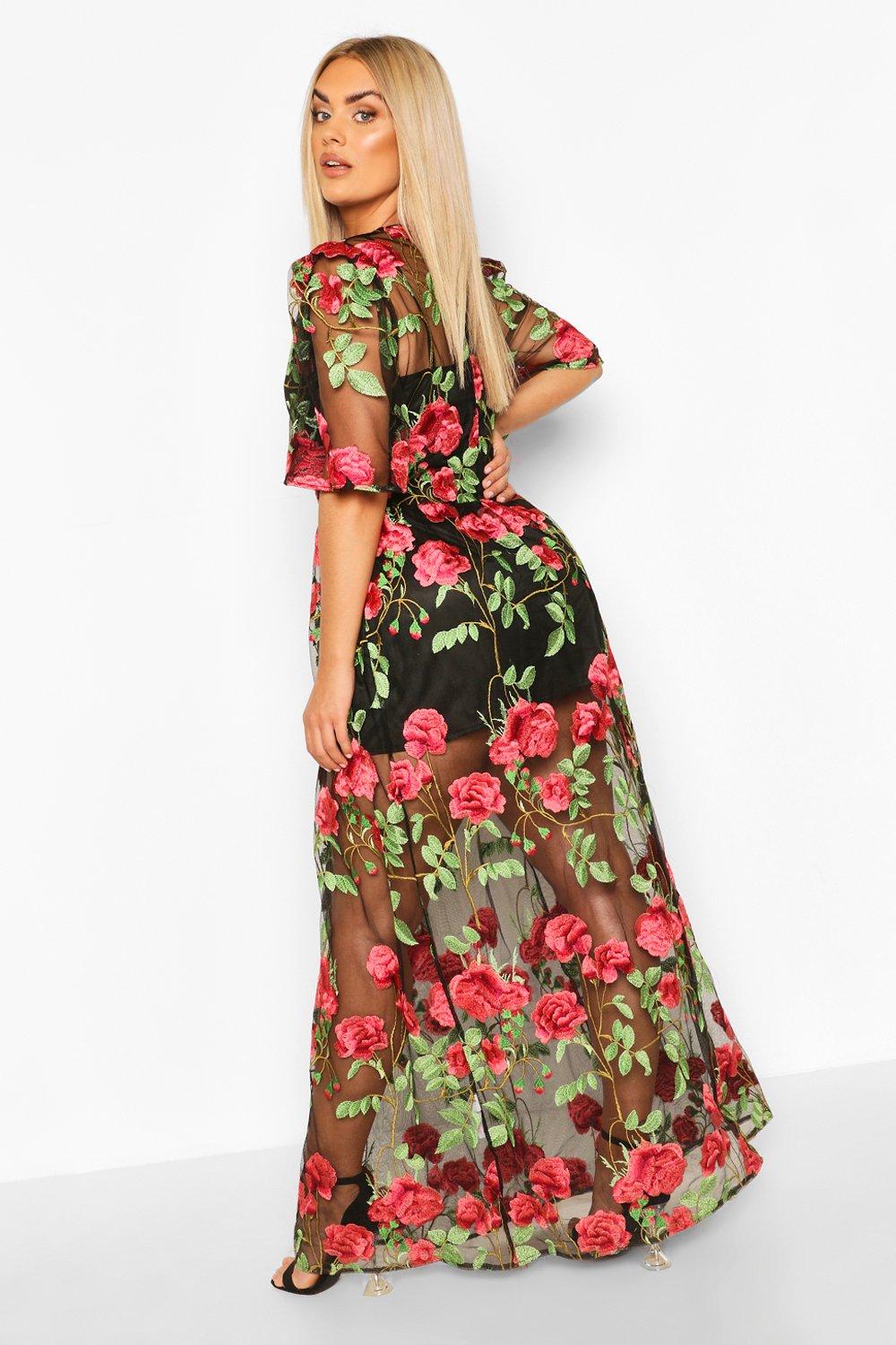 embroidered floral mesh dress