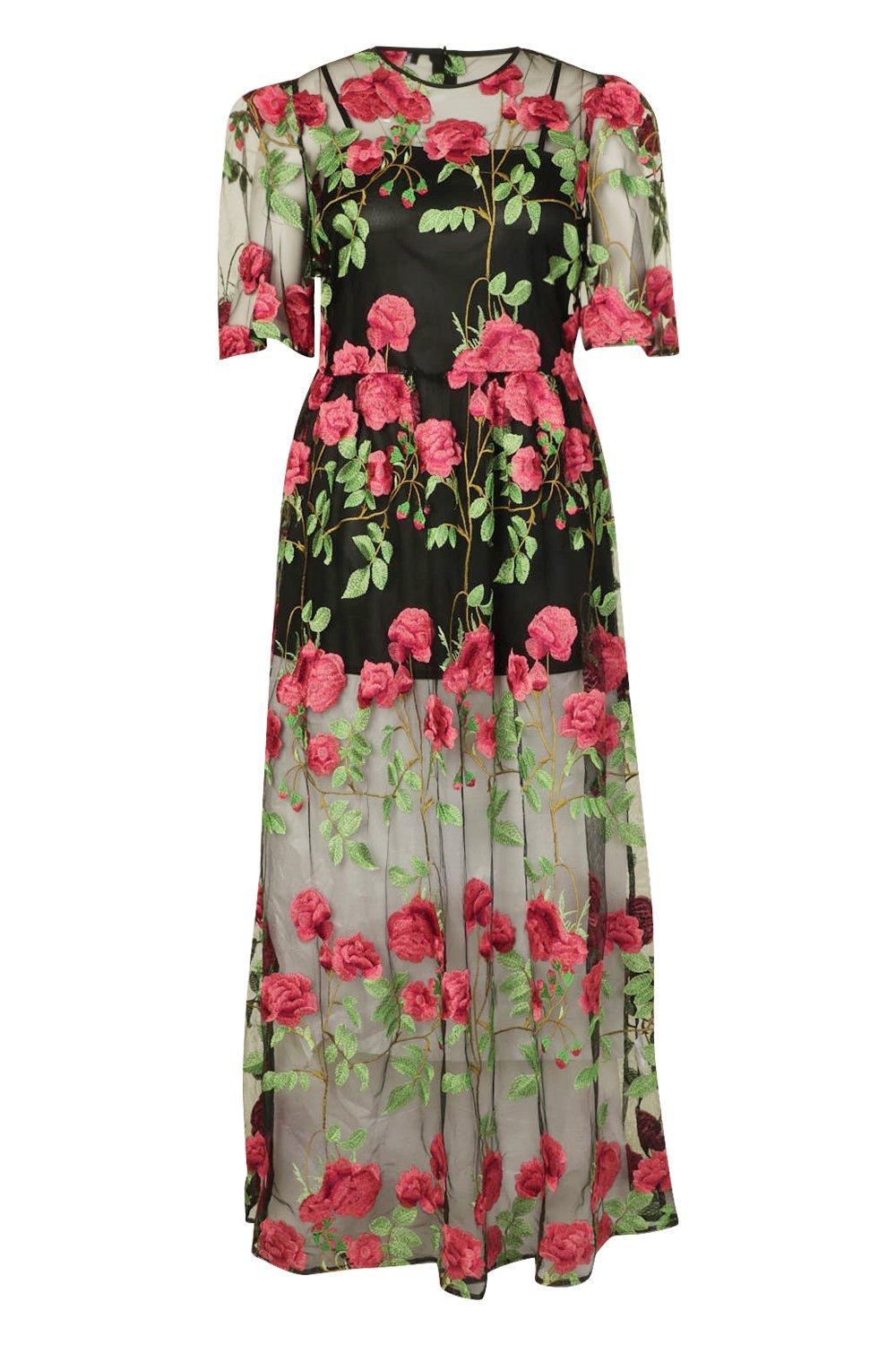 embroidered flower mesh dress