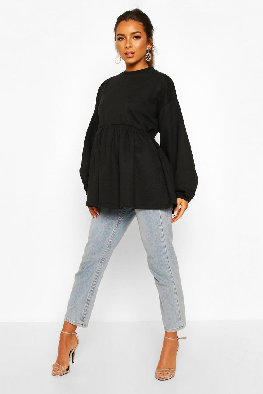 Black Petite - Sweatshirtklänning med smock och puffärm image number 1
