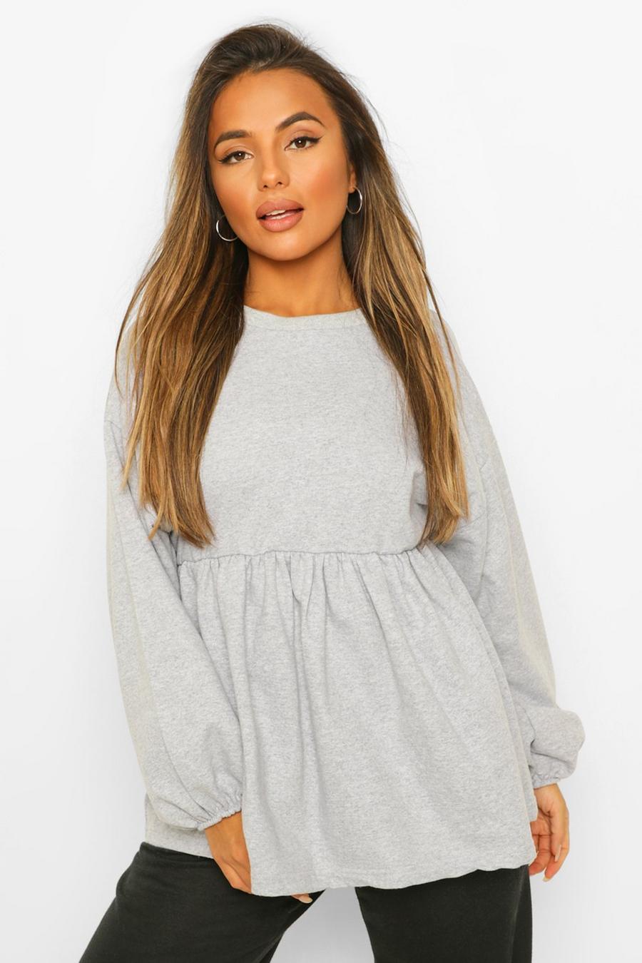 Grey marl Petite Puff Sleeve Smock Sweat Top image number 1