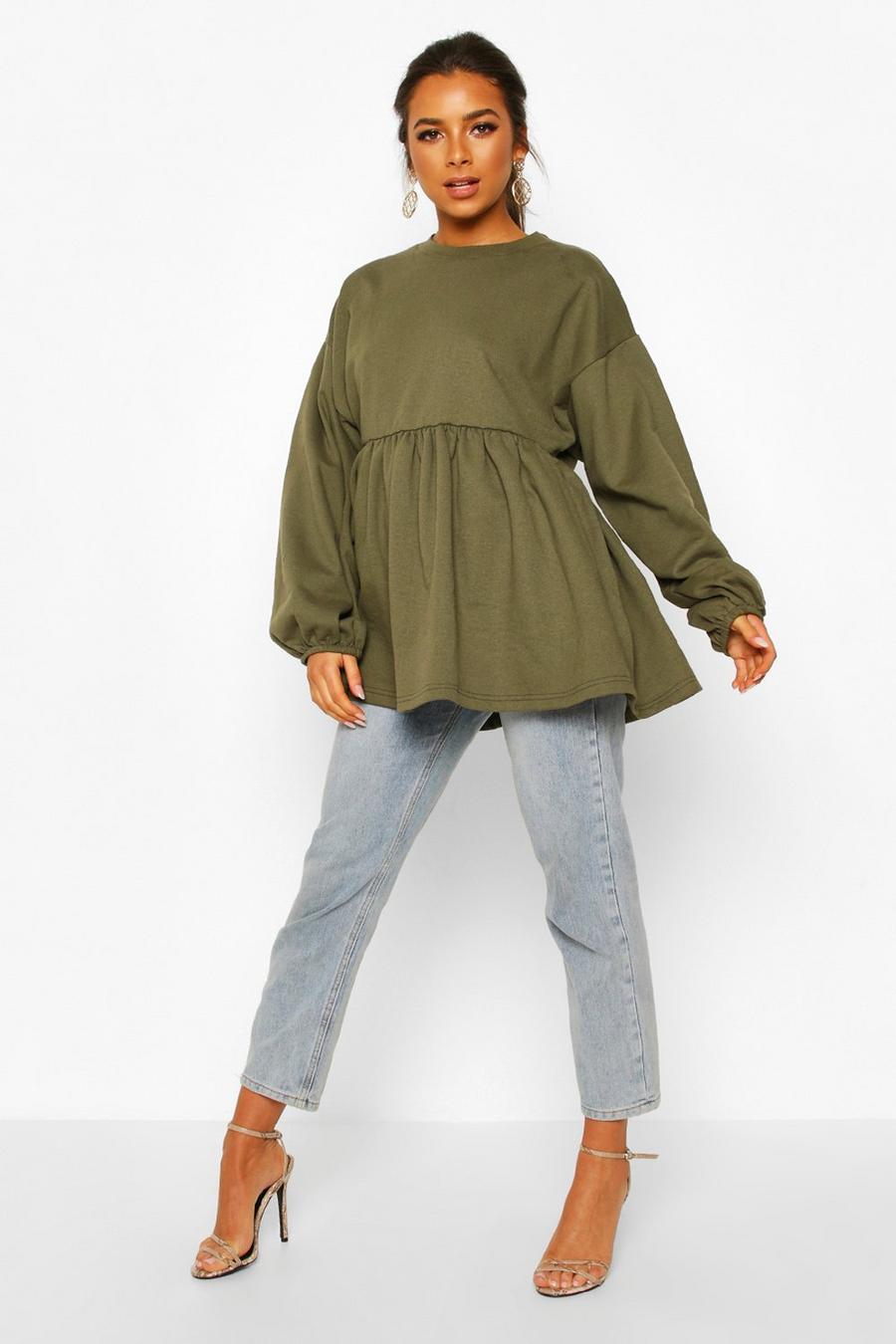 Khaki Petite - Sweatshirtklänning med smock och puffärm image number 1